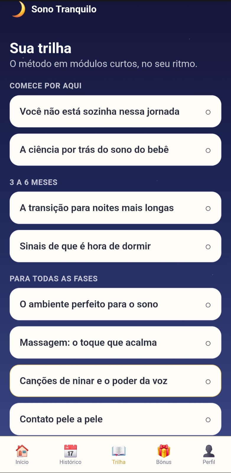 Trilha completa do Método Sono Tranquilo dentro do app